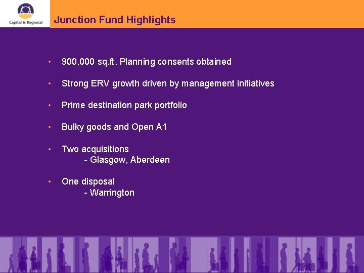 Junction Fund Highlights • 900, 000 sq. ft. Planning consents obtained • Strong ERV