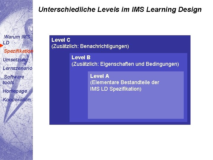 Unterschiedliche Levels im IMS Learning Design Warum IMS LD Spezifikation Umsetzung Lernszenario Software tools