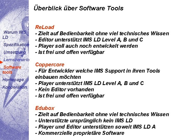 Überblick über Software Tools Warum IMS LD Spezifikation Umsetzung Lernszenario Software tools Homepage Kooperation