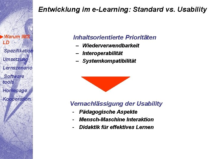 Entwicklung im e-Learning: Standard vs. Usability Warum IMS LD Spezifikation Umsetzung Inhaltsorientierte Prioritäten –