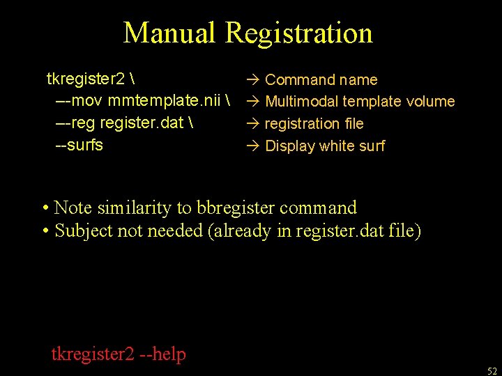 Manual Registration tkregister 2  –-mov mmtemplate. nii  –-reg register. dat  --surfs