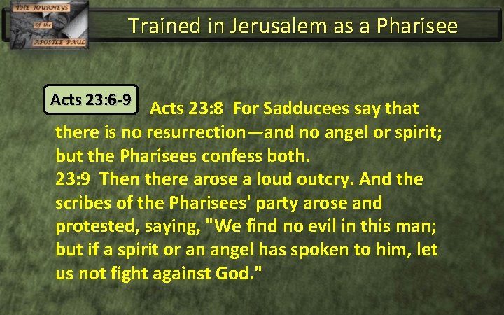 Trained in Jerusalem as a Pharisee Acts 23: 6 -9 Acts 23: 8 For