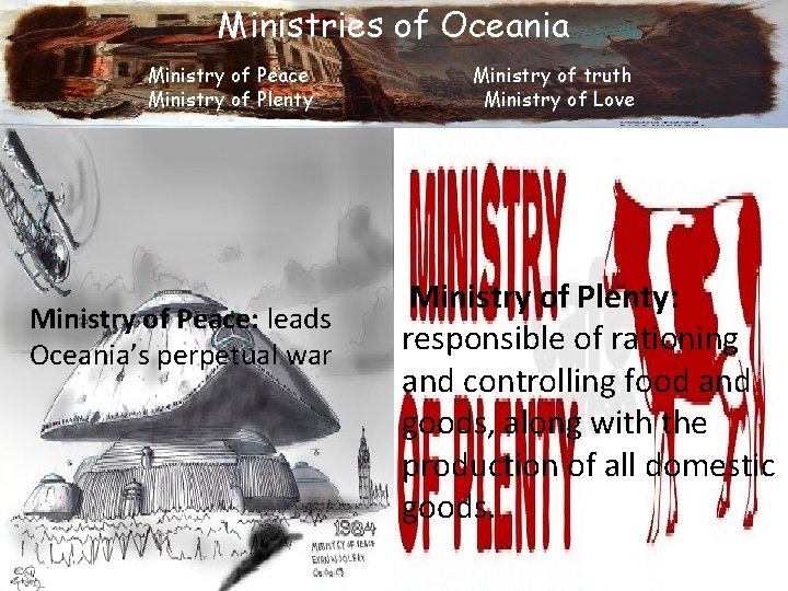 Ministries of Oceania Ministry of Peace Ministry of Plenty Ministry of Peace: leads Oceania’s