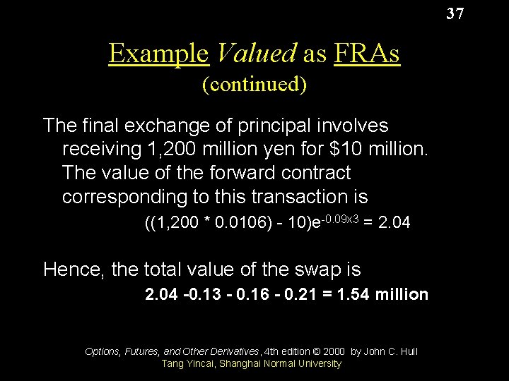 37 Example Valued as FRAs (continued) The final exchange of principal involves receiving 1,