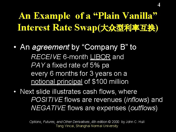 4 An Example of a “Plain Vanilla” Interest Rate Swap(大众型利率互换) • An agreement by