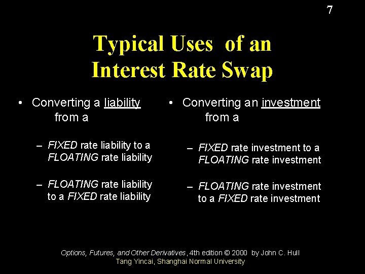7 Typical Uses of an Interest Rate Swap • Converting a liability from a