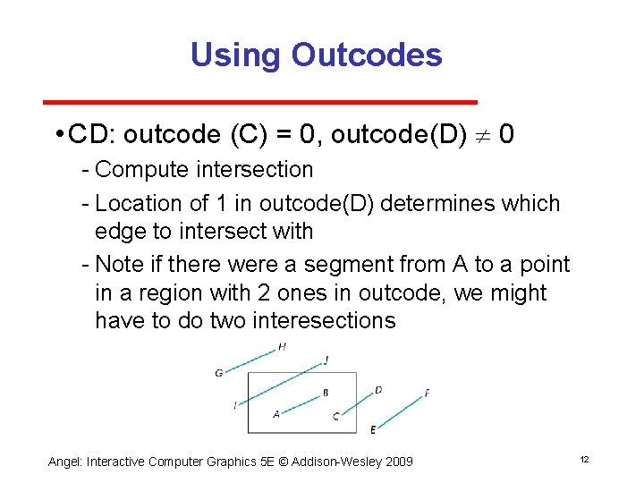 Using Outcodes • CD: outcode (C) = 0, outcode(D) 0 Compute intersection Location of