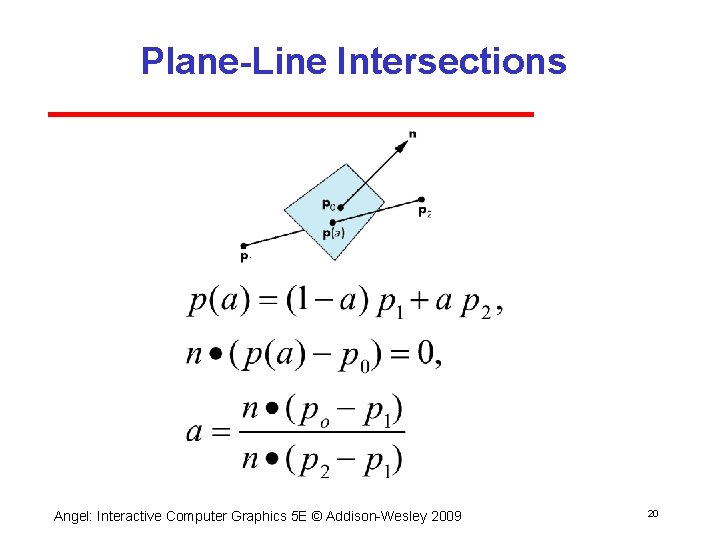Plane-Line Intersections Angel: Interactive Computer Graphics 5 E © Addison Wesley 2009 20 