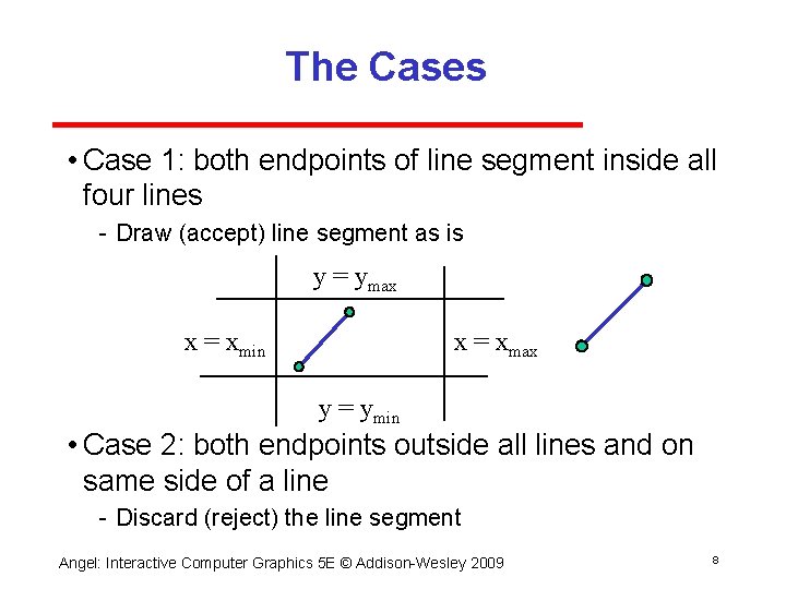 The Cases • Case 1: both endpoints of line segment inside all four lines