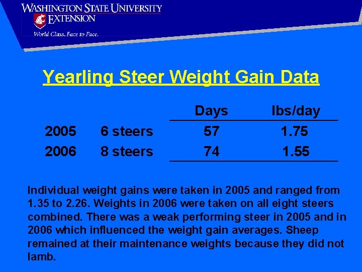 Yearling Steer Weight Gain Data 2005 2006 6 steers 8 steers Days 57 74