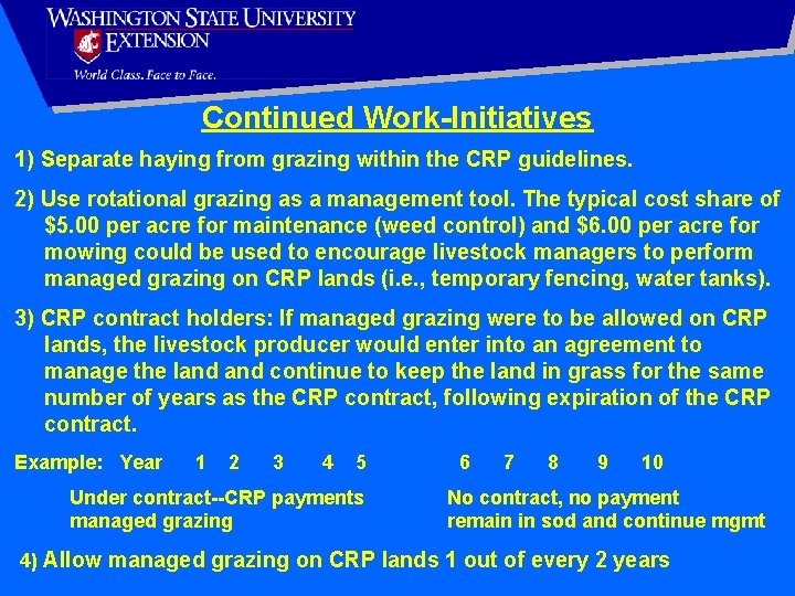 Continued Work-Initiatives 1) Separate haying from grazing within the CRP guidelines. 2) Use rotational