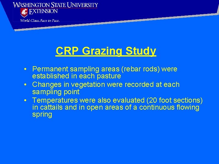 CRP Grazing Study • Permanent sampling areas (rebar rods) were established in each pasture