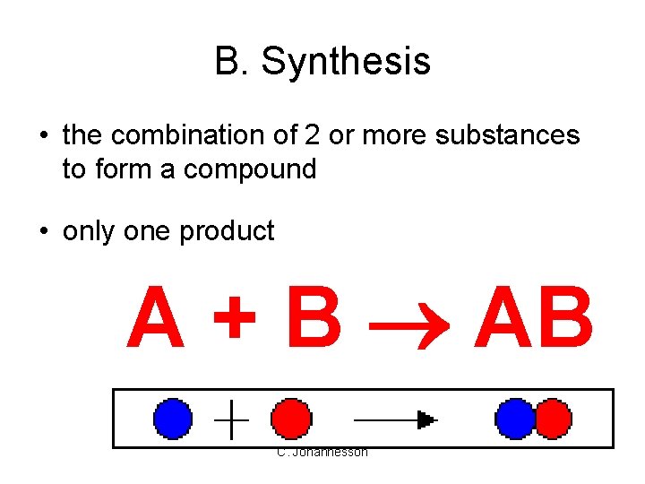 B. Synthesis • the combination of 2 or more substances to form a compound