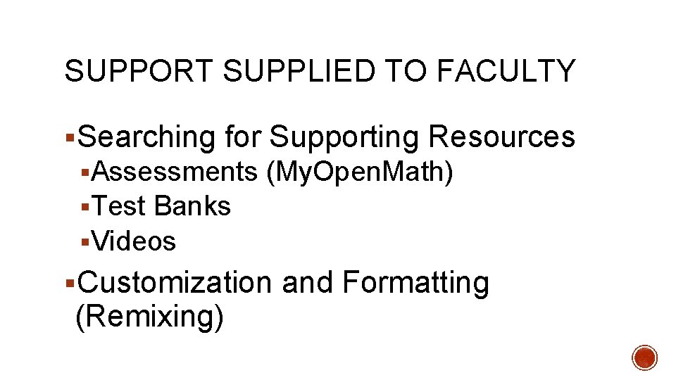 SUPPORT SUPPLIED TO FACULTY §Searching for Supporting Resources §Assessments (My. Open. Math) §Test Banks