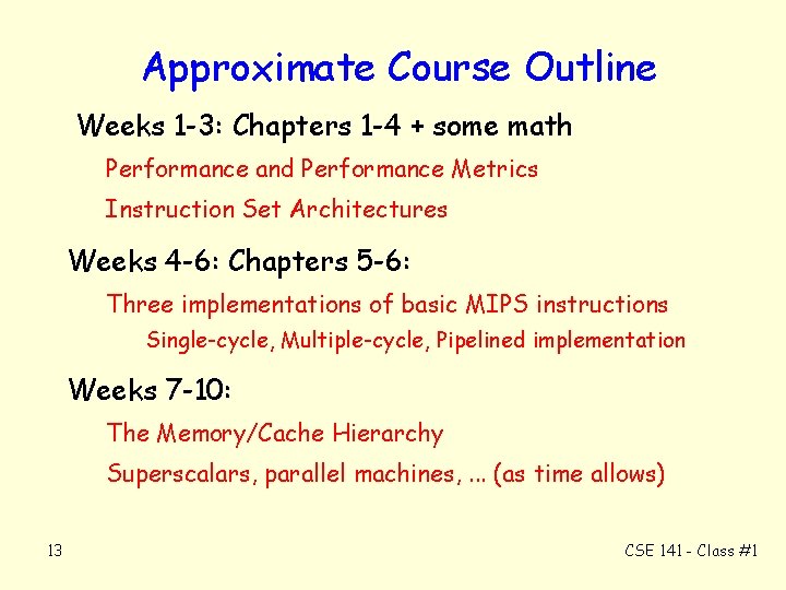 Approximate Course Outline Weeks 1 -3: Chapters 1 -4 + some math Performance and