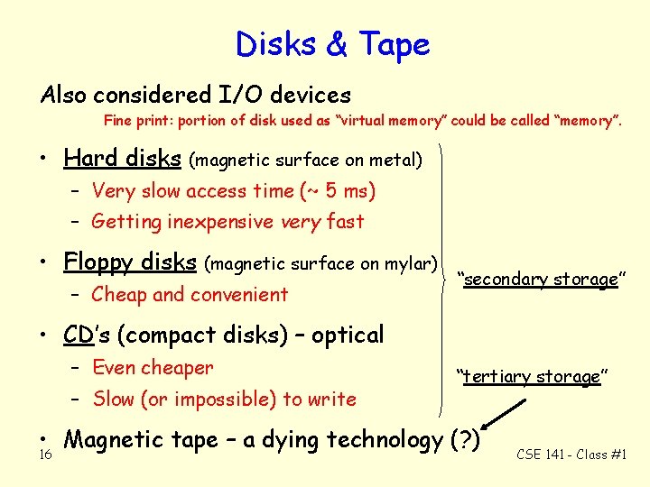 Disks & Tape Also considered I/O devices Fine print: portion of disk used as