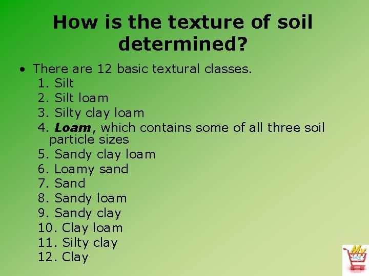 How is the texture of soil determined? • There are 12 basic textural classes.