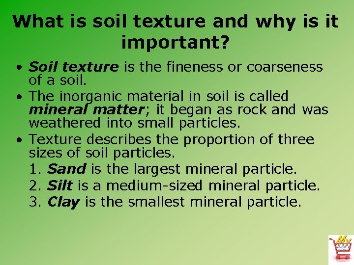 What is soil texture and why is it important? • Soil texture is the