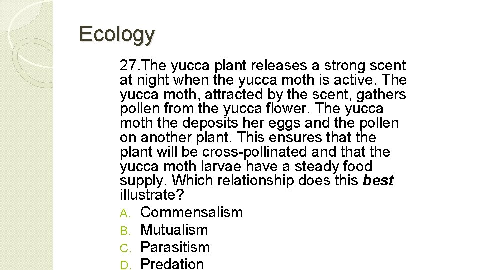 Ecology 27. The yucca plant releases a strong scent at night when the yucca