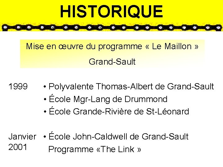 HISTORIQUE Mise en œuvre du programme « Le Maillon » Grand-Sault 1999 • Polyvalente