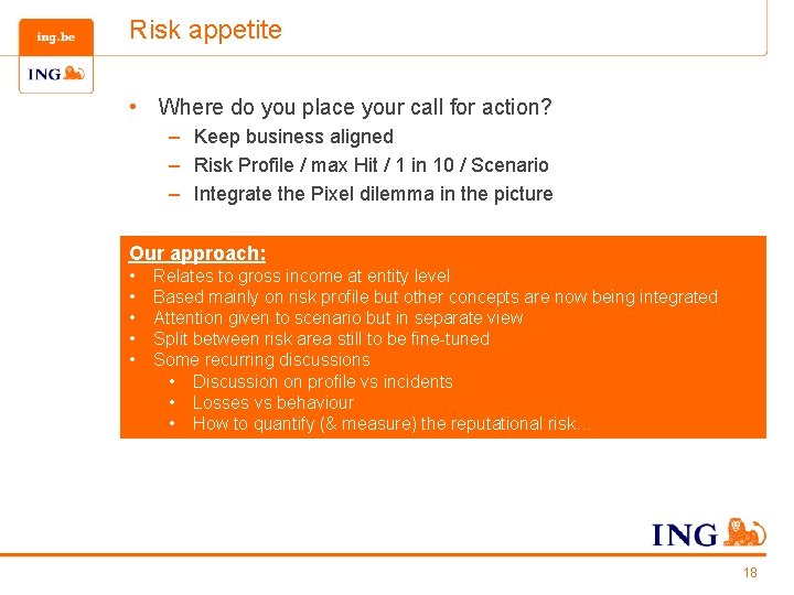 Risk appetite • Where do you place your call for action? – Keep business