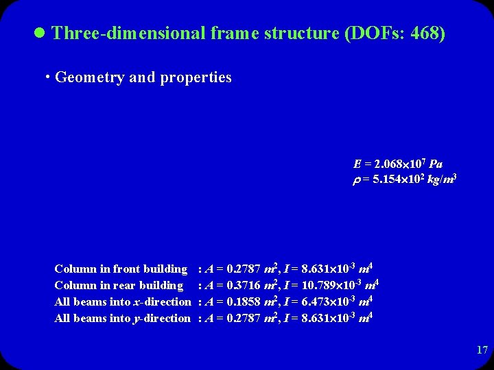 l Three-dimensional frame structure (DOFs: 468) • Geometry and properties E = 2. 068