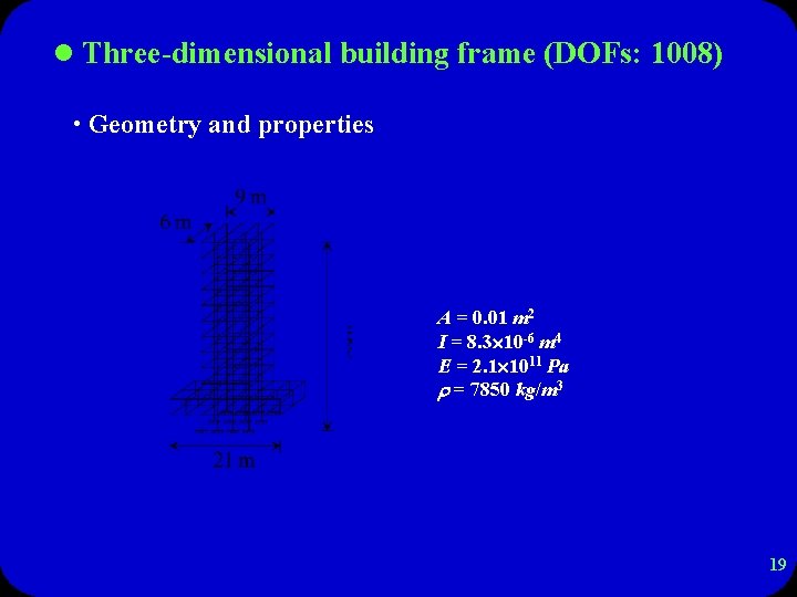 l Three-dimensional building frame (DOFs: 1008) • Geometry and properties A = 0. 01