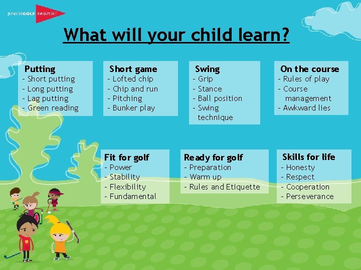 What will your child learn? Putting - Short putting Long putting Lag putting Green What will your child learn? Putting - Short putting Long putting Lag putting Green