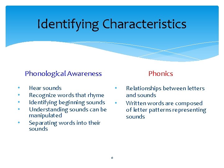Identifying Characteristics Phonics Phonological Awareness • • • Hear sounds Recognize words that rhyme