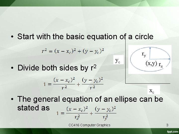  • Start with the basic equation of a circle • Divide both sides
