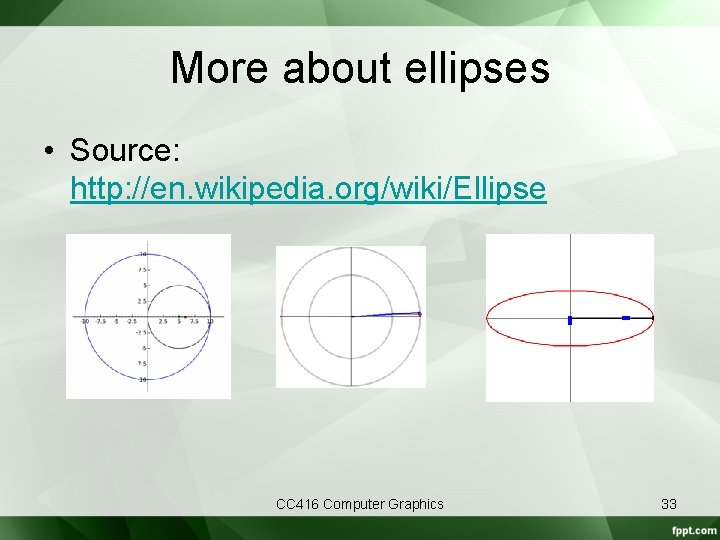 More about ellipses • Source: http: //en. wikipedia. org/wiki/Ellipse CC 416 Computer Graphics 33