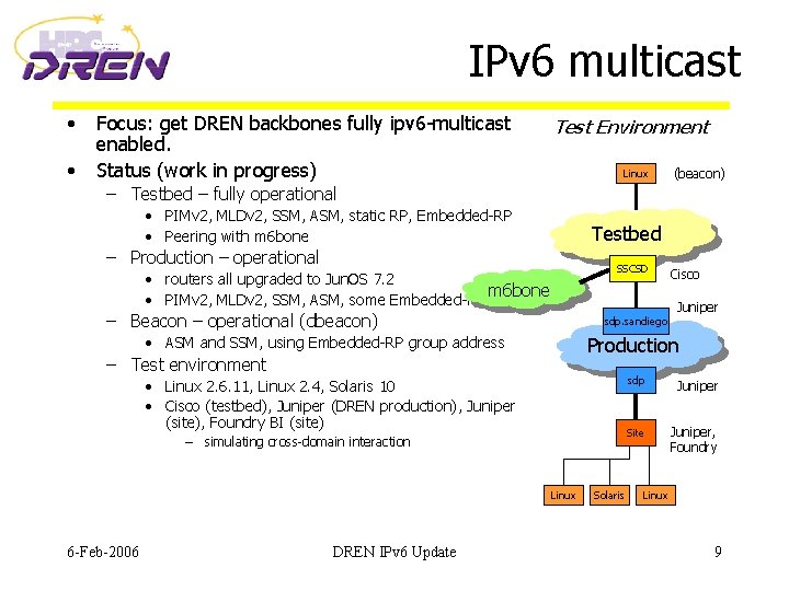 IPv 6 multicast • • Focus: get DREN backbones fully ipv 6 -multicast enabled.