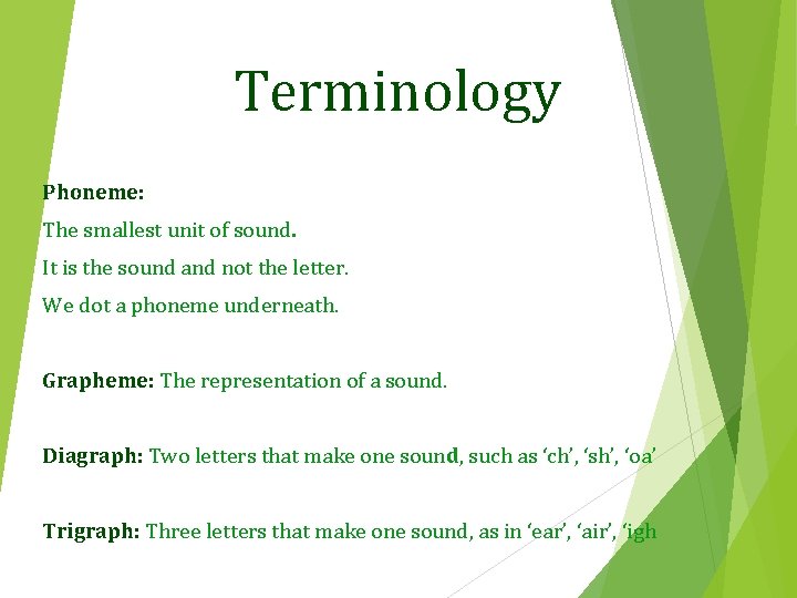 Terminology Phoneme: The smallest unit of sound. It is the sound and not the