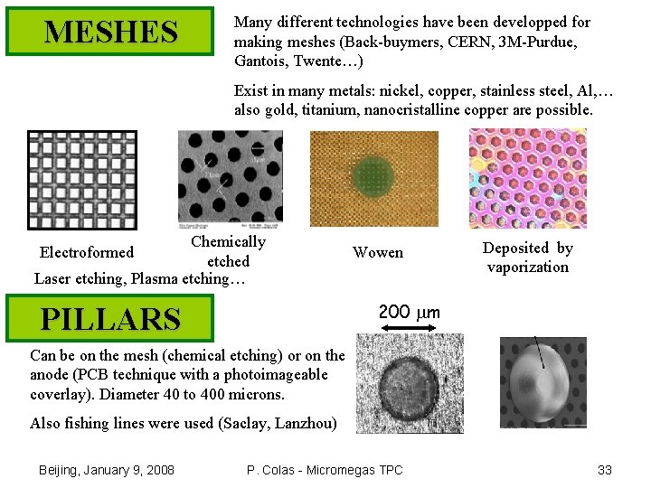 MESHES Many different technologies have been developped for making meshes (Back-buymers, CERN, 3 M-Purdue,