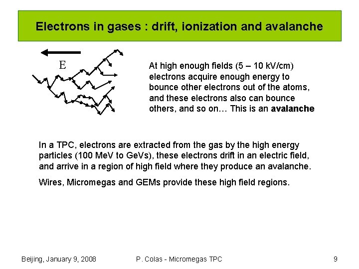 Electrons in gases : drift, ionization and avalanche E At high enough fields (5