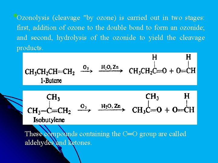 l. Ozonolysis (cleavage "by ozone) is carried out in two stages: first, addition of