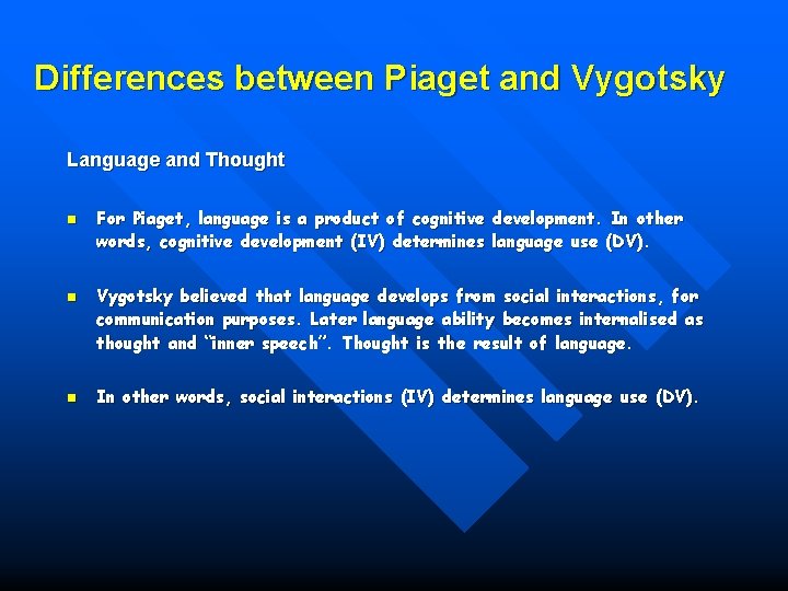 Differences between Piaget and Vygotsky Language and Thought n n n For Piaget, language