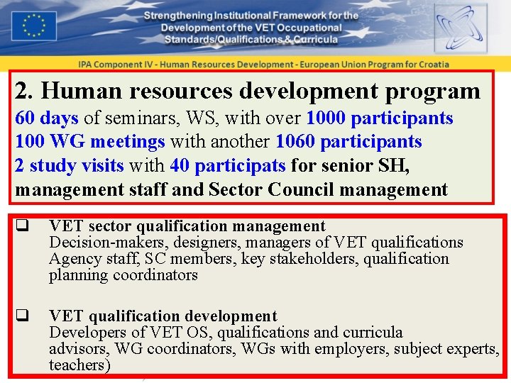 2. Human resources development program 60 days of seminars, WS, with over 1000 participants