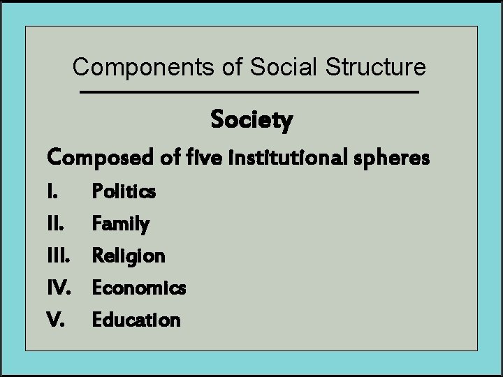 Components of Social Structure Society Composed of five institutional spheres I. III. IV. V.