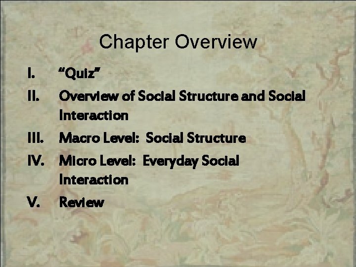 Chapter Overview I. II. “Quiz” Overview of Social Structure and Social Interaction III. Macro