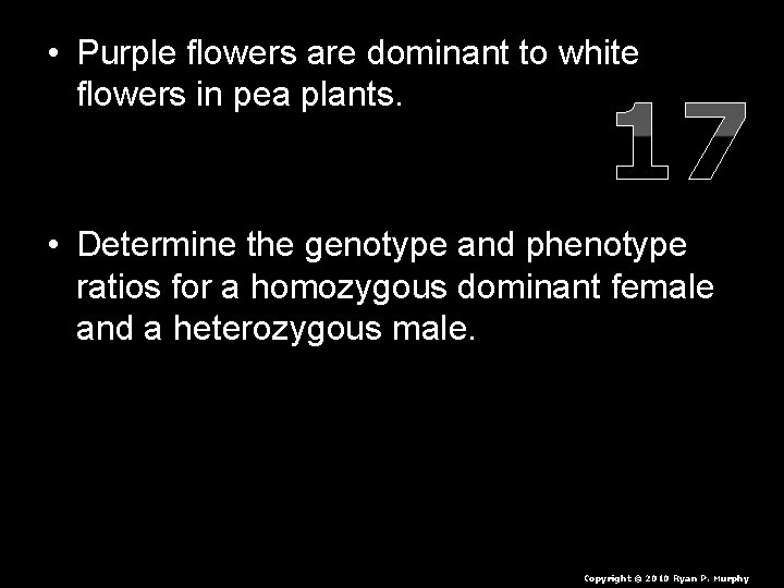  • Purple flowers are dominant to white flowers in pea plants. 17 •