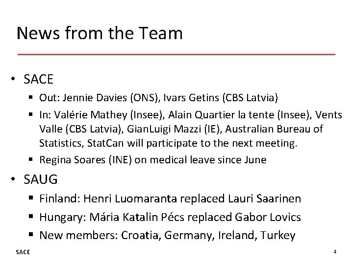 News from the Team • SACE § Out: Jennie Davies (ONS), Ivars Getins (CBS