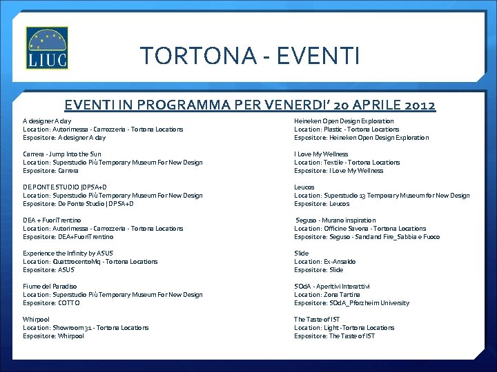 TORTONA - EVENTI IN PROGRAMMA PER VENERDI’ 20 APRILE 2012 A designer A day