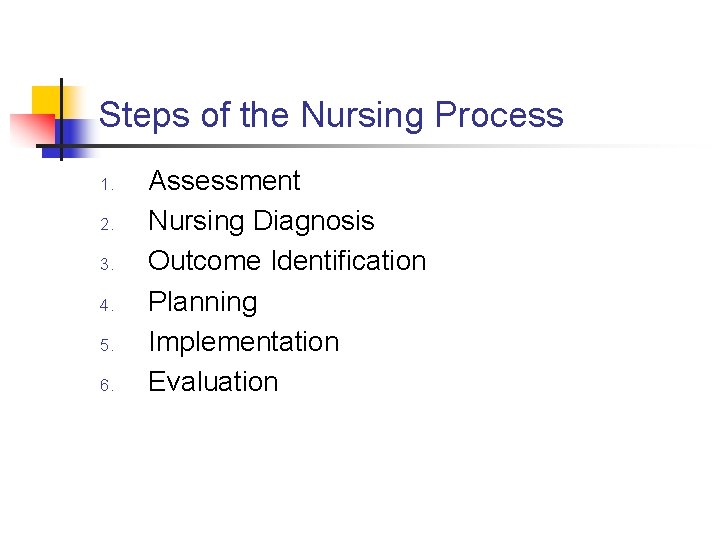 Steps of the Nursing Process 1. 2. 3. 4. 5. 6. Assessment Nursing Diagnosis