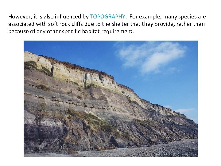 However, it is also influenced by TOPOGRAPHY. For example, many species are associated with