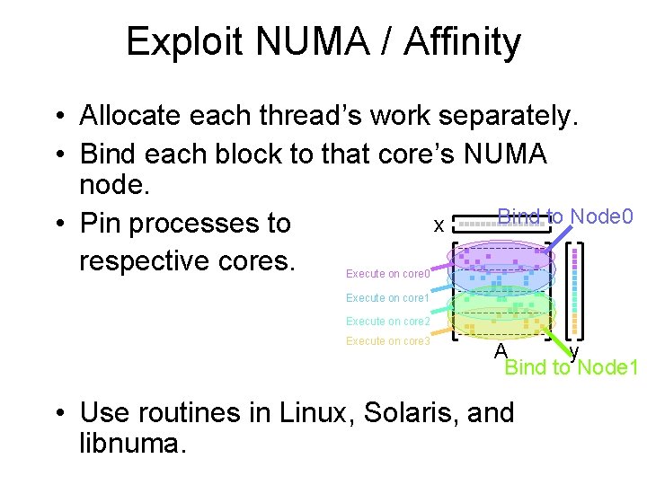 Exploit NUMA / Affinity • Allocate each thread’s work separately. • Bind each block