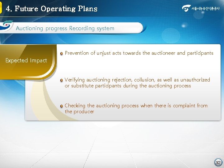 4. Future Operating Plans Auctioning progress Recording system Prevention of unjust acts towards the