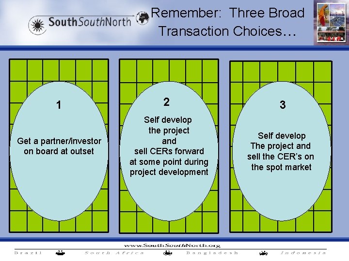 Remember: Three Broad Transaction Choices… 1 2 Get a partner/investor on board at outset