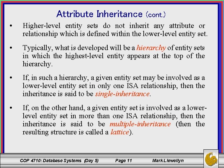 Attribute Inheritance • (cont. ) Higher-level entity sets do not inherit any attribute or