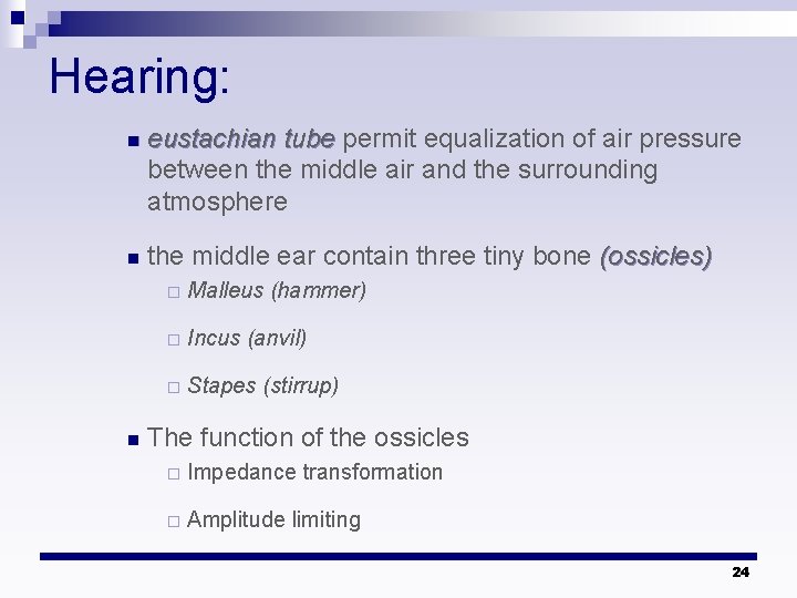 Hearing: n eustachian tube permit equalization of air pressure between the middle air and Hearing: n eustachian tube permit equalization of air pressure between the middle air and